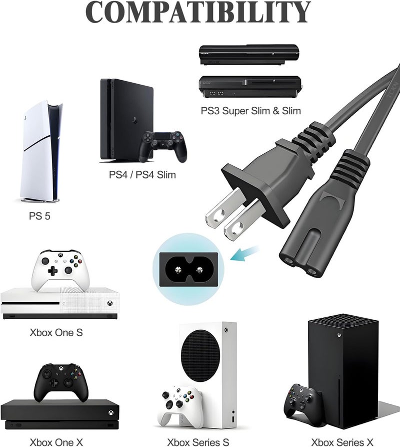 TCKN كابل طاقة AC بطول 6 أقدام لجهاز Xbox Series X/S، Xbox One X/S، لجهاز Sony PS4 PS5 PS3 Slim PlayStation5 4 3، تلفاز، طابعة، مكبر صوت كابل طاقة عالمي بديل ذو 2 شقوق - Image 2